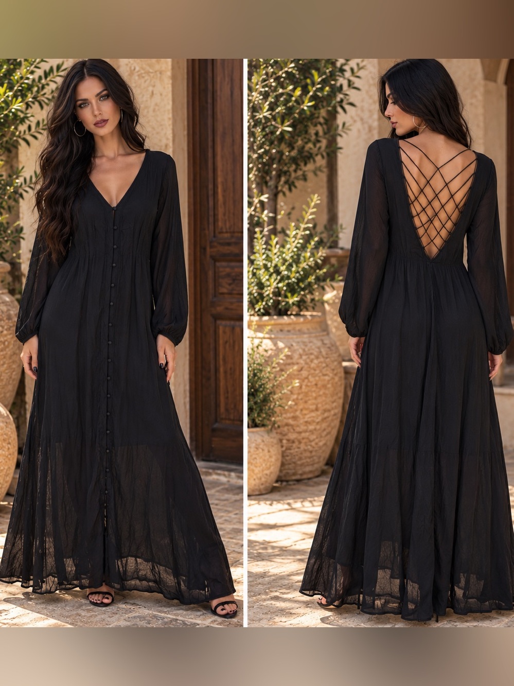Free People Better Days Black Long Sleeve Maxi Dress Crisscross button NEW 10